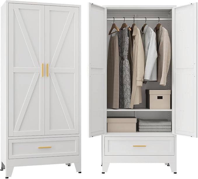 Metal Wardrobe Cabinet, 71" Tall Armoire Wardrobe Closet with Drawer,Hanging Rod and Adjustable Shelf, Farmhouse Clothing Storage Cabinet for Bedroom, Laundry