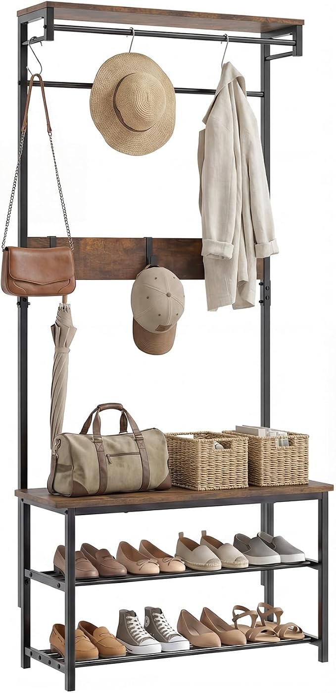Tangkula Hall Tree with Bench and Shoe Storage, 4-in-1 Industrial Coat Rack with 6 Removable Hooks, Hanging Rod & Top Shelf, Metal Freestanding Coat and Shoe Rack for Entryway, Hallway, Bedroom - Image 9