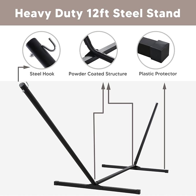 SUNCREAT Hammocks for Outside with Stand Included, Double Hammock with Curved Spreader Bar, Carrying Bag, Gray Stripes - Image 7