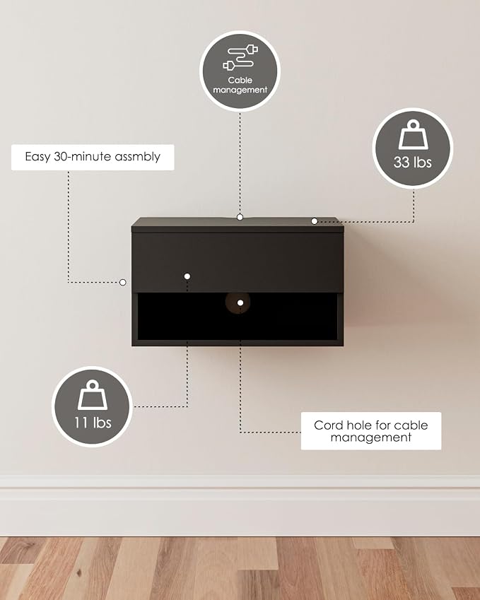 Floating Nightstand, Small Modern Floating Nightstand with Drawer, Floating Shelves for Bedroom, Bathroom (Black) - Image 9