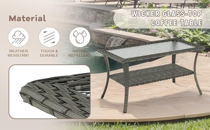 Swivel Patio Chairs sofa Set of 5 with 6" Thick Cushion - Wicker Outdoor Swivel Rocker Patio Chair ,Sofa/Glass coffee table, High Back Comfortable Outdoor Glider Chairs - Grey Wicker | Blue Cushions