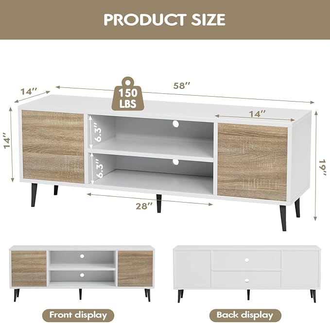 YESHOMY Modern TV Stand for 65" Television, Entertainment Center with Two Cabinets and Open Shelves, Retro Style Media Console for Living Room, Bedroom, Office, 58 Inch Classic, White and Beige - Image 6