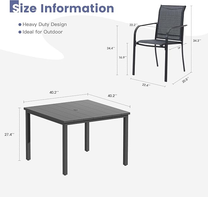 VICLLAX 5 Pieces Patio Dining Set, Patio Furniture Set of 4 Patio Stackable Chairs and Outdoor Metal Square Table with Umbrella Hole for Backyard Lawn Garden, Dark Grey Chairs and Dark Grey Table - Image 7