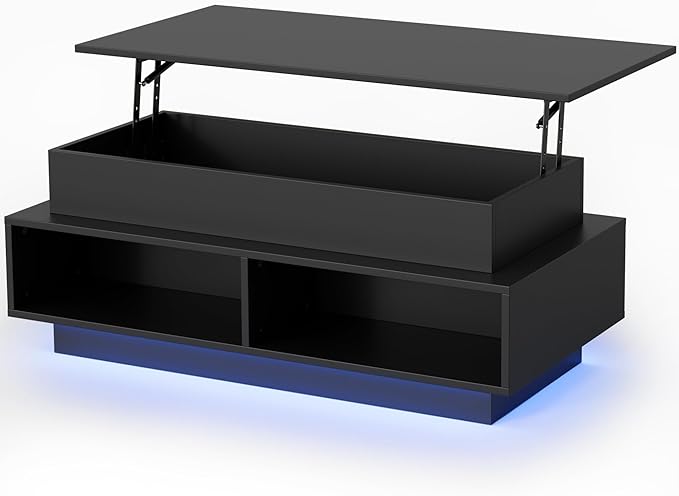 JUMMICO 40" Modern Lift Top Coffee Table with Storage & 4 Bottom Organizers, Square Wood Center Table with LED Lights for Living Room and Home Office (Black)