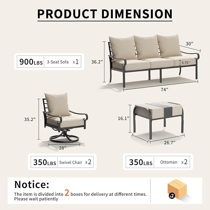 5 Piece Patio Furniture Set, Metal Patio Conversation Set with 1x3 Seater Sofa & 2xSwivel Chairs & 2xOttomans, 5.75'' Extra Thick Cushion for Lawn Garden Backyard, Beige