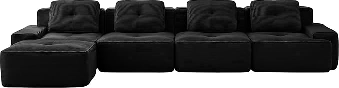 Casaphoria 150'' Corduroy Cloud Couch, 4-Seat L-Shaped Sectional Sofa with 4 Pillows & Ottoman for Living Room, Deep Seat Boneless Couch for Modern Apartment, No Assembly Required, Black