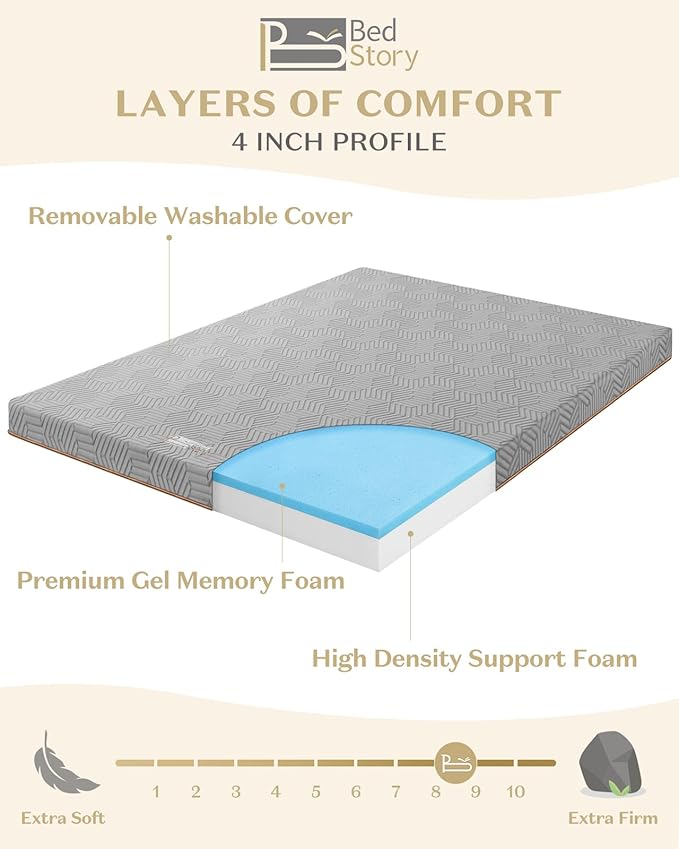 BedStory Firm Mattress Topper Twin XL for Back Pain Relief - 4 Inch Memory Foam Mattress Topper with High Density Support Foam and Breathable Washable Cover, CertiPUR-US Certified