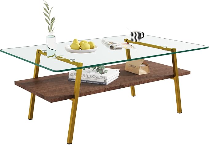 IANIYA Glass Coffee Table for Living Room Small Gold Mid Century Coffee Table for Living Room with Wood Shelves (Gold Frame, Transparent Glass + Brown Wood)