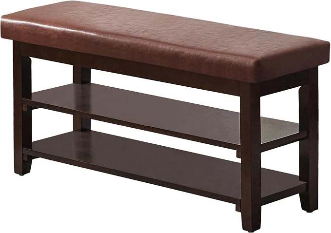 40" Shoe Bench with Leather Cushion, 2-Tier Shoe Rack Entryway Bench, Wood Bench for Front Door Entrance, Mudroom, Hallway, Wooden Shoe Shelves, Shoe Organizer, Shoe Storage, Brown - Image 7