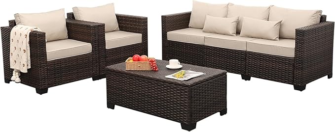 Outdoor Patio Furniture Set 4 Pieces Wicker Outdoor Furniture Chairs and Sofa Patio Storage Table Non-Slip Cushions and Waterproof Covers, Khaki