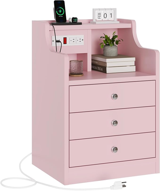 ADORNEVE Nightstand with Charging Station,Pink Night Stand with Hutch,Bedside Table with Drawers,Bed Side Table with Storage - Image 8
