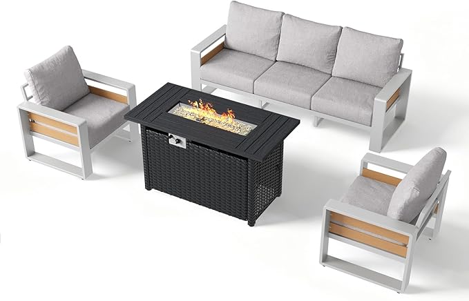 Aoxun Aluminum Patio Furniture Set with Fire Pit Table, 5 Seats Luxury Outdoor Sectional with 6" Olefin Fabric Cushions, Patio Conversation Sets with Waterproof Cover for Backyard, Deck Grey