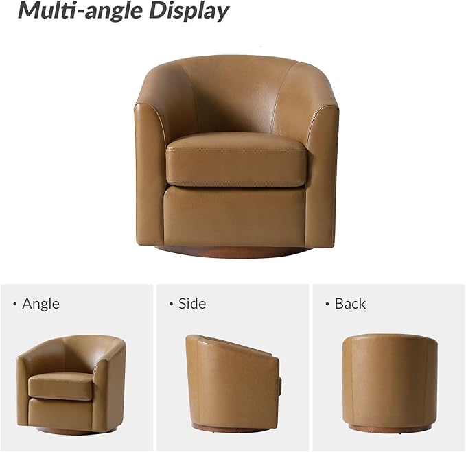 HULALA HOME Genuine Leather Swivel Accent Chairs Set of 2 with Solid Wood Base, Round Swivel Barrel Chairs for Living Room and Bedroom, Camel