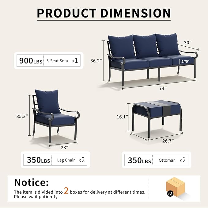 5 Piece Patio Furniture Set, Metal Patio Conversation Set with 1x3 Seater Sofa & 2xFixed Chairs & 2xOttomans, 5.75'' Extra Thick Cushion for Lawn Garden Backyard, Navy Blue