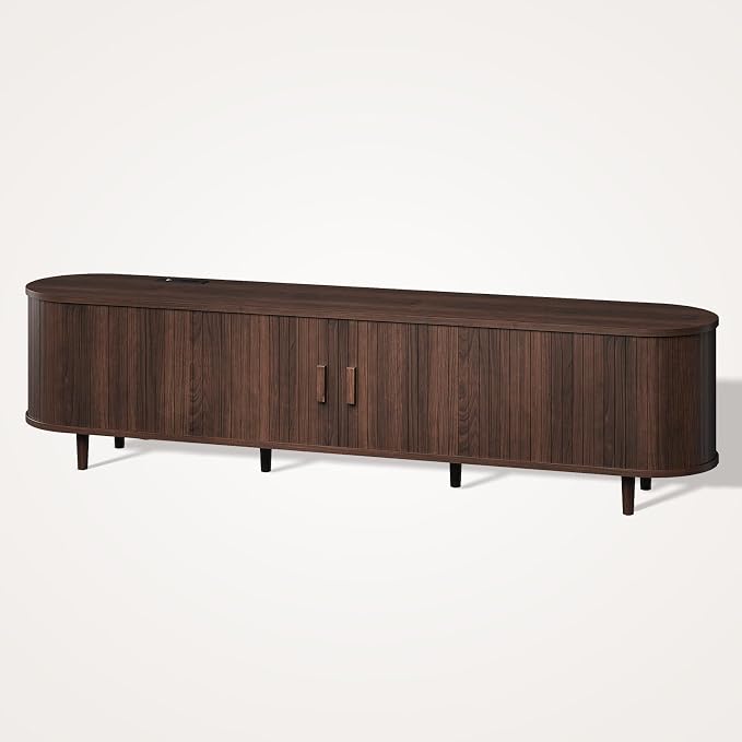 70" Mid Century Modern TV Stand, Wood TV Consoles with Sliding Doors and Power Outlet, Entertainment Center with Adjustable Shelves, Fluted TV Stands for Living Room, Walnut - Image 9