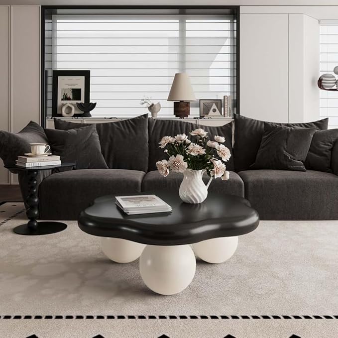 35" Modern Coffee Table Petal Shape Low Center Table Cute Irregular Indoor Tea Table with 3 Ball Legs for Living Room Apartment