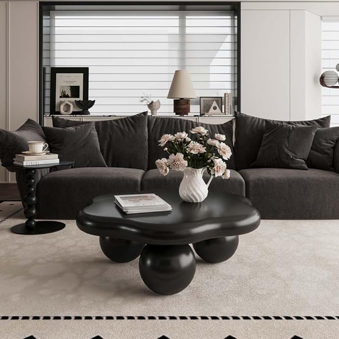 35" Modern Coffee Table Petal Shape Low Center Table Cute Irregular Indoor Tea Table with 3 Ball Legs for Living Room Apartment