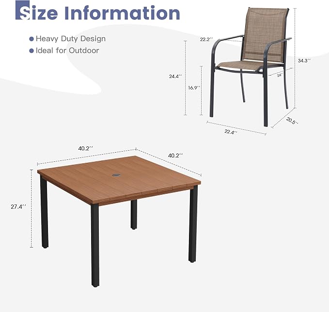 VICLLAX 5 Pieces Patio Dining Set, Patio Furniture Set of 4 Patio Stackable Dining Chairs and Outdoor Metal Square Table with Umbrella Hole for Backyard Lawn Garden, Brown Chairs and Walnut Table - Image 7