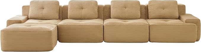 Casaphoria 150'' Corduroy Cloud Couch, 4-Seat L-Shaped Sectional Sofa with 4 Pillows & Ottoman for Living Room, Deep Seat Boneless Couch for Modern Apartment, No Assembly Required, Camel