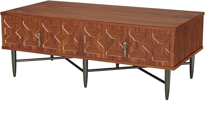 Farmhouse Coffee Table, Carved Decorative Center Table, Tea Table, Fluted Wooden Coffee Table with Storage for Living Room and Office. Walnut Brown
