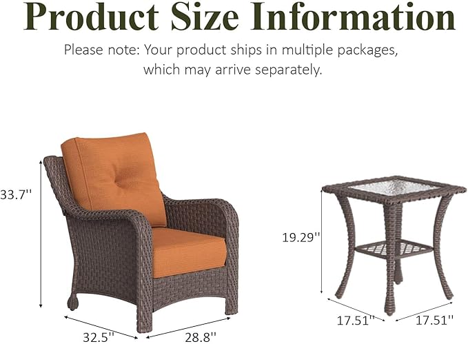 LayinSun 3 Piece Wicker Outdoor Furniture Set with 6-inch Comfy Cushions, High Back Patio Furniture Set with Rattan Armchairs and Side Table