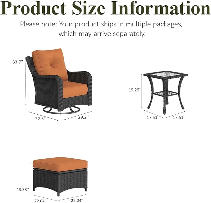 LayinSun 5 Piece Wicker Outdoor Furniture Set with 6-inch Comfy Cushions, High Back Patio Furniture Set with Swivel Rocking Chairs and Side Table