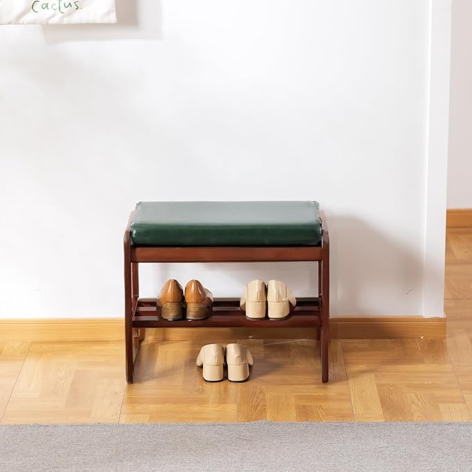 latifolia Solid Wood Bench, Entryway Shoe Bench with Cushion, 2 Tier Shoe Storage Organizer for Hallway, Living Room(Green,21.65''L) - Image 7
