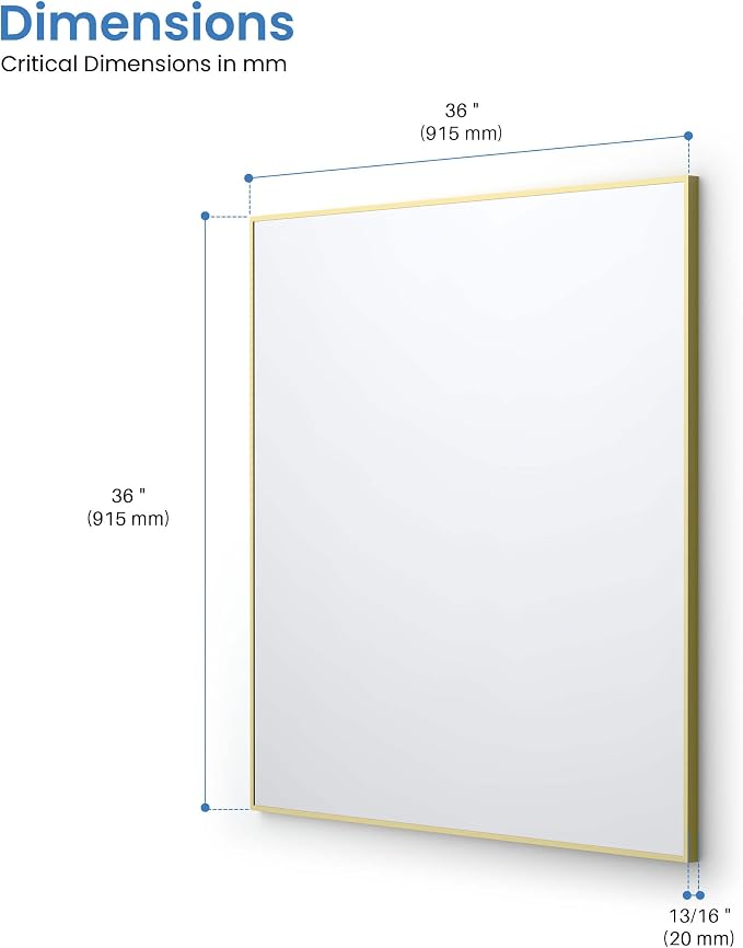 KIBI 36" x 36" Shatterproof Wall Mount Metal Frame Mirror – Horizontal or Vertical Hanging, Modern Rectangular Vanity Mirror for Bathroom, Entryway, or Living Room (Brushed Gold, FM1-3636BG) - Image 9