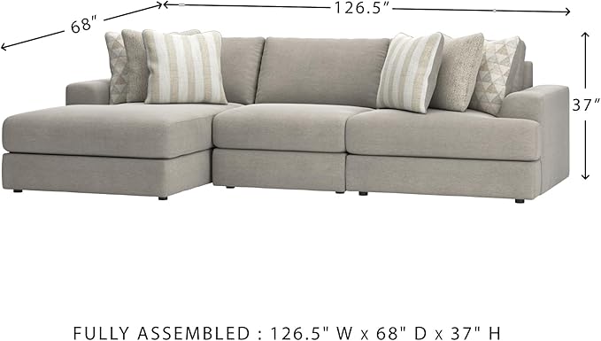 Signature Design by Ashley Avaliyah Casual L-Shaped 3-Piece Sectional with Chaise with Reversible Cushions and 6 Accent Pillows, Light Gray