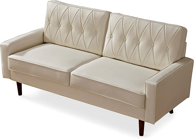Container Furniture Modern Style Faux Leather Sofa with Elegant Round Tapered Legs and Button Tufted Backrest Perfect for Living Room, Bedroom or Home Office, 69.3’’ Wide, White
