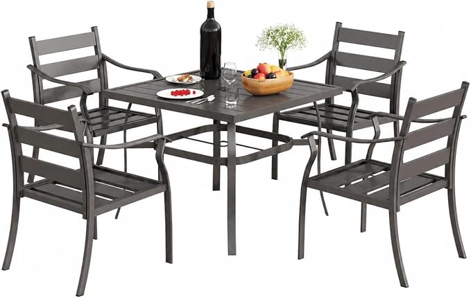 EROMMY 5-Piece Outdoor Patio Dining Set, 4 Metal Slat Chairs & Square Table with Umbrella Hole, All-Weather Patio Furniture for Backyard, Deck and Garden - Image 8