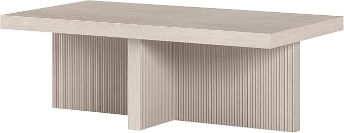 Henn&Hart 44" Fluted Rectangular Wood Pedestal Low-Profile Coffee Table with Ribbed Pedestal Base for Living Room, Family Room or Office, Beech White
