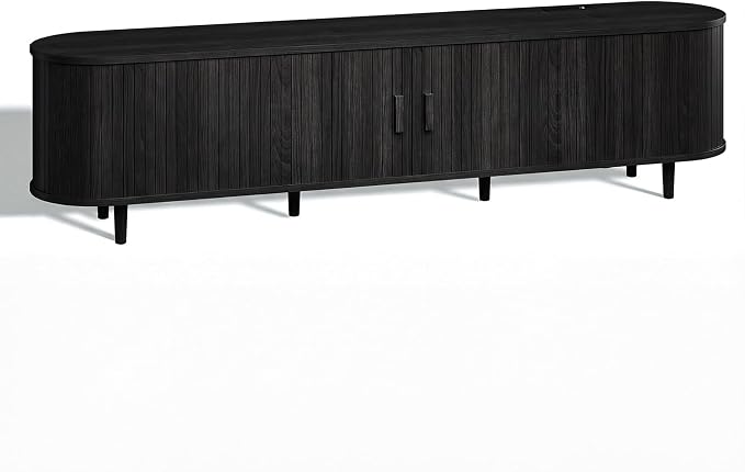 70" Mid Century Modern TV Stand, Wood TV Consoles with Sliding Doors and Power Outlet, Fluted Entertainment Center with Adjustable Shelves, Media Console for Living Room, Black - Image 9