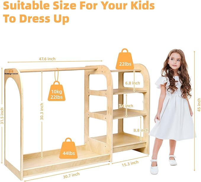 homegroove Kids Dress Up Storage with Mirror, 31.5 Inch Kids Wardrobe Closet with Storage Shelf for Little Girls and Boys, Wooden Costume Organizer for Bedroom Classroom Playroom Furniture
