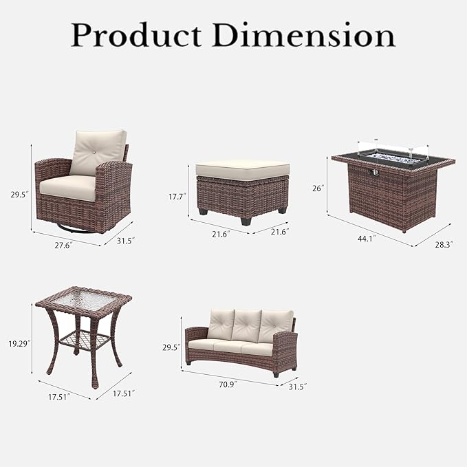 LayinSun 10 Pieces Patio Furniture Set with Swivel Chairs, Rattan Wicker Rocking Glide Chairs with 44" Propane Gas Fire Pit Table Conversation Set