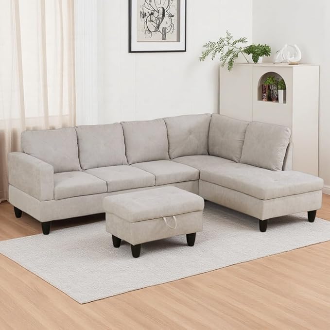 NicBex Modular L-Shaped Sectional Couches, 3-Piece Convertible Couch with Storage Ottoman, 4-Seat Comfy Sofa with Chaise for Living Room & Apartment, Light Sand