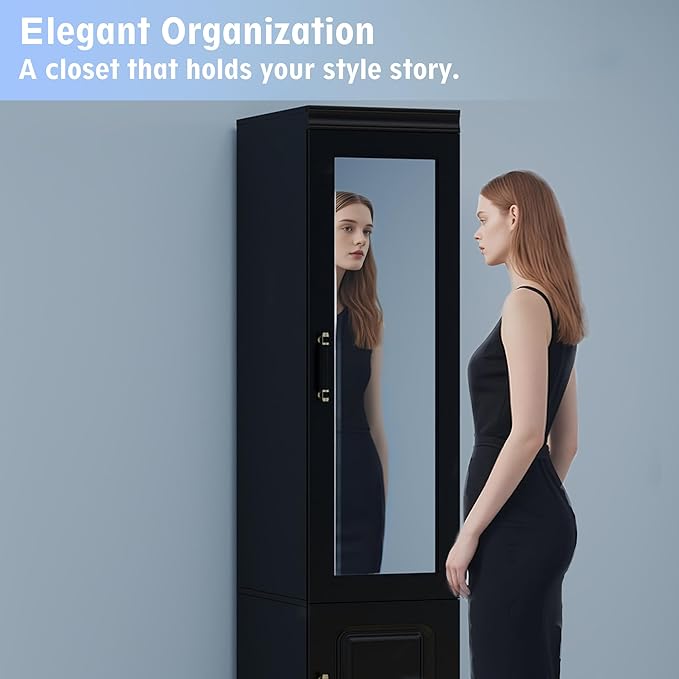 Wooden Armoire Wardrobe Closet:Modern Armoire Wardrobe Closet with Single Door and Hanging Rod, Large Capacity Clothes Storage Cabinet with Mirror for Bedroom Home, Black