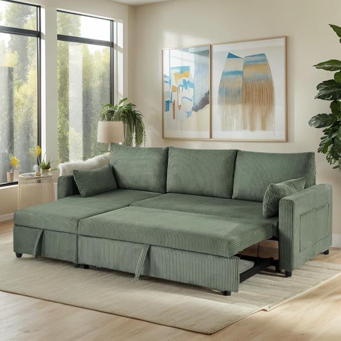Queen Sleeper Sofa, Convertible Sofa Bed with Storage, 85 Inch Sectional Couch with Pull Out Bed, L Shaped 3 Seat Sectional Sleeper Sofa for Living Room, Apartment, Green