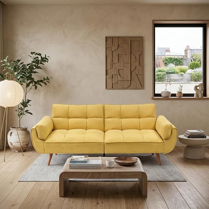 Convertible Futon Sofa Bed, Modern Futon Couch with 2 Pillows, Small Futons Couch with Adjustable Armrest & Backrest, Loveseat Sofa Bed for Living Room, Bedroom, Yellow
