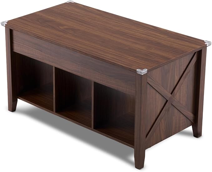 VINGLI Farmhouse Lift Top Coffee Table, Coffee Tables for Living Room with Storage Shelf/Hidden Compartment, Mesa De Centro para Sala, Rustic Brown