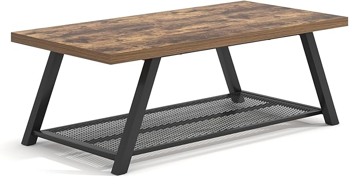FOLUBAN Modern Coffee Table, Wood and Metal Coffee Tables for Living Room with Storage Shelf, Industrial Rectangle Cocktail Tea Table, Rustic Brown, 47 Inch