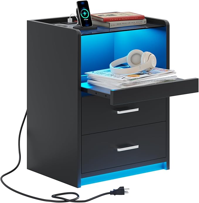 VIAGDO Nightstand with Charging Station and LED Lights, Black Night Stand with Glass Top and Storage Drawers, End Side Tables with Pull-Out Tray and USB Ports, Modern Bedside Tables for Bedroom - Image 8