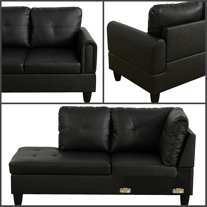 L-Shaped Sectional Sofa with Movable Chaise & Storage Ottoman, Leather 3-Piece Modular Convertible Couches for Living Room, Apartment & Office, Black