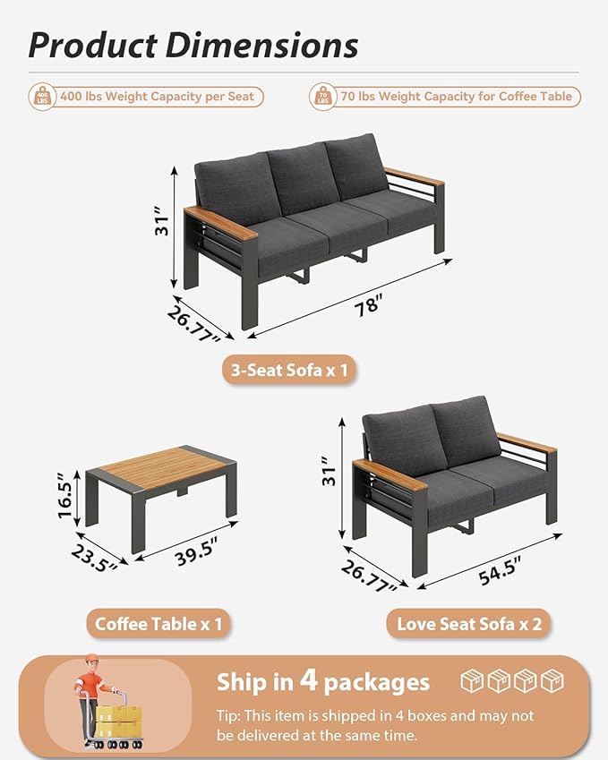 Aoxun Aluminum Outdoor Patio Furniture Set, 7 Seats Outdoor Sectional with Coffee Table, Patio Conversation Sets with Upgraded Armrests and Cushions for Backyard, Garden and Poolside(Dark Grey)