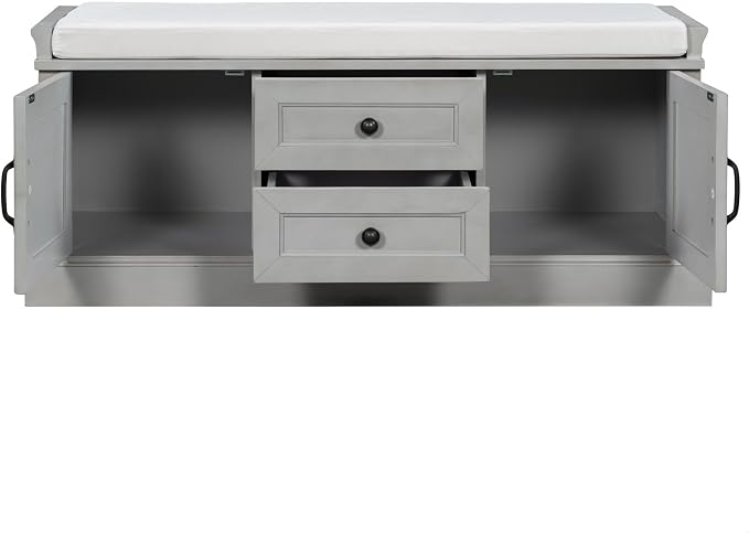 GDFStudio Rustic Storage Bench with 4 Doors 2 Draws Adjustable Shelves Removable Cushion Rectangular Cabinet Foot Rest Stool Solid Wood Shoe Bench Seating for Entryway Living Room, Gray Wash - Image 9