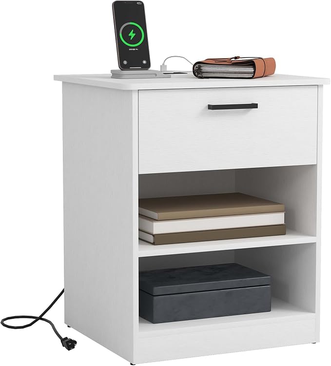 Night Stand with Charger Station, Modern Nightstand with USB Type-C Ports and AC Outlets, Large Bedside Table with Drawer and Open Storage, Wooden End Table for Bedroom (White, 1 Drawer) - Image 8