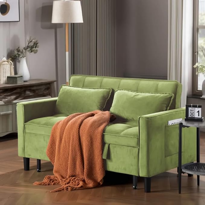 3 in 1 Convertible Sofa Bed, Love Seat Sleeper Bed with Side Pockets, Velvet Fabric Pull Out Couch with Adjustable Backrest for Living Room, Bedroom, Apartment, Olive Green