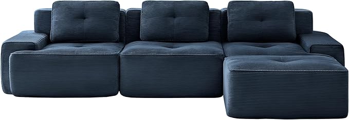 Casaphoria 115'' Boneless Sofa with Ottoman, 3-Seater Modular Couch with 3 Pillows for Living Room, L Shape Cloud Sectional Sofa, No Assembly, Blue