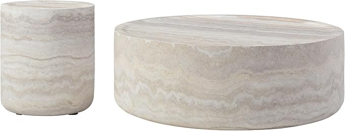 35.43" Round Coffee Table Set of 2 in Faux Marble,Stylish and Modern Fiberglass Drum Table, No Assembly Modern Table for Living Room, Office, or Balcony(Mars,ø35.43" x 11.81")