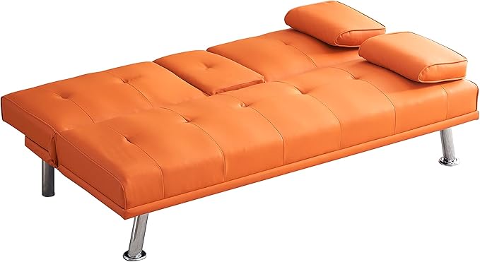 KEIKI 67" Leather Folding Futon Sofa w/Cup Holder & Adjustable Backrest, Mid Century Modern Couch Loveseat Convertible to Sleeper Bed, Comfy Cloud Couch SofaBed for Living Room & Bedroom, Orange